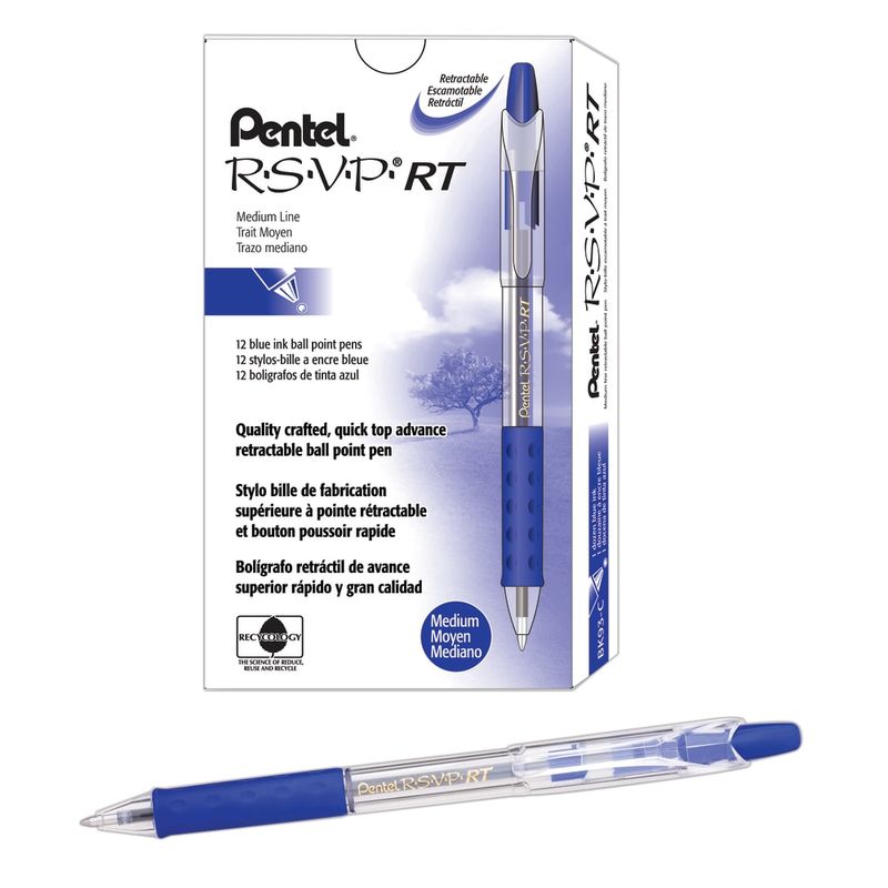 Pentel R.S.V.P. RT Retractable Ballpoint Pens, Medium Point, 1.0 mm, 61% Recycled, Transparent Blue Barrel, Blue Ink, Pack Of 12 Pens (Min Order Qty 8) MPN:BK93-C