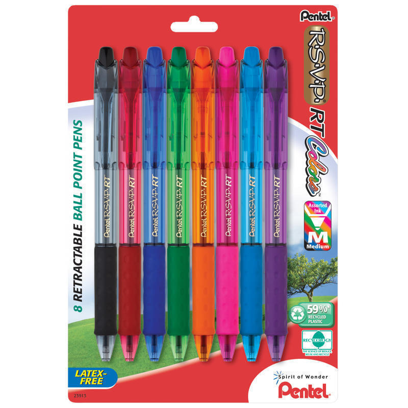 Pentel R.S.V.P. RT Retractable Ballpoint Pens, 1.0 mm, Medium Point, 59% Recycled, Assorted Barrels, Assorted Ink Colors, Pack Of 8 (Min Order Qty 8) MPN:BK93CRBP8M