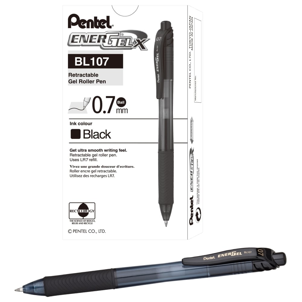 Pentel EnerGel X Retractable Liquid Gel Pens, Medium Point, 0.7 mm, 84% Recycled, Assorted Barrels, Black Ink, Box Of 12 Pens (Min Order Qty 4) MPN:BL107A