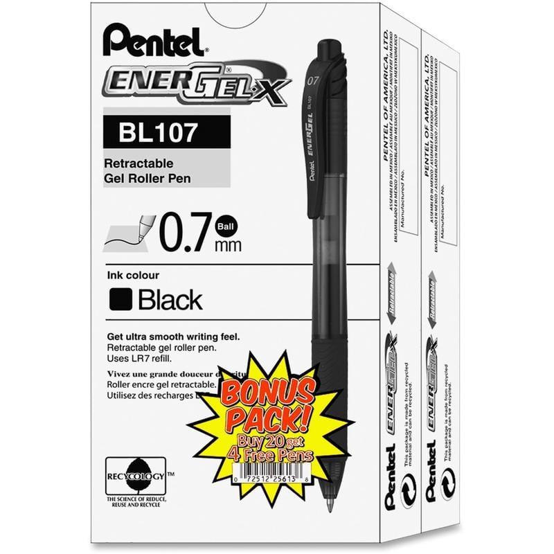 Pentel EnerGel-X Retractable Gel Pens, Pack Of 24, Medium Point, 0.7 mm, Black Barrel, Black Ink (Min Order Qty 2) MPN:BL107ASW2