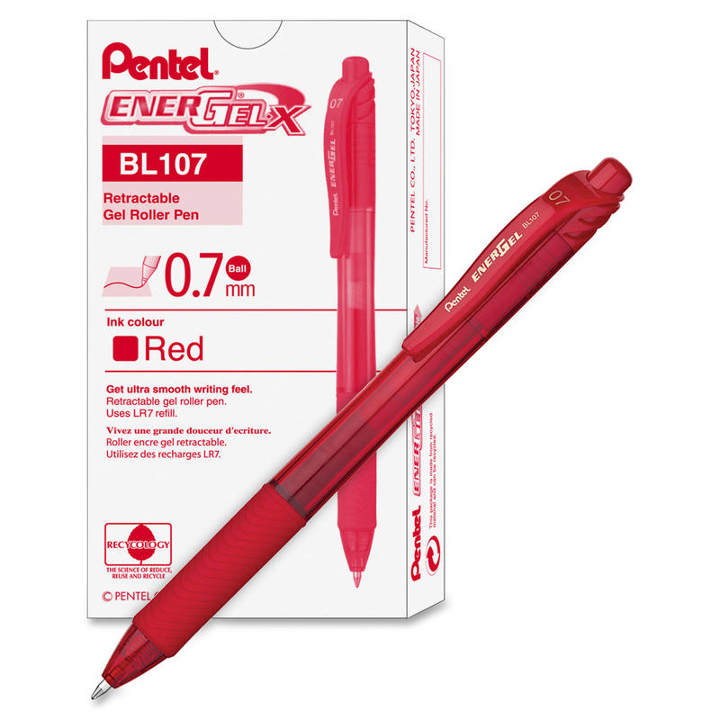 Pentel EnerGel-X Retractable Gel Pens, Medium Point, 0.7 mm, Red Barrel, Red Ink, Pack Of 12 Pens (Min Order Qty 4) MPN:BL107B