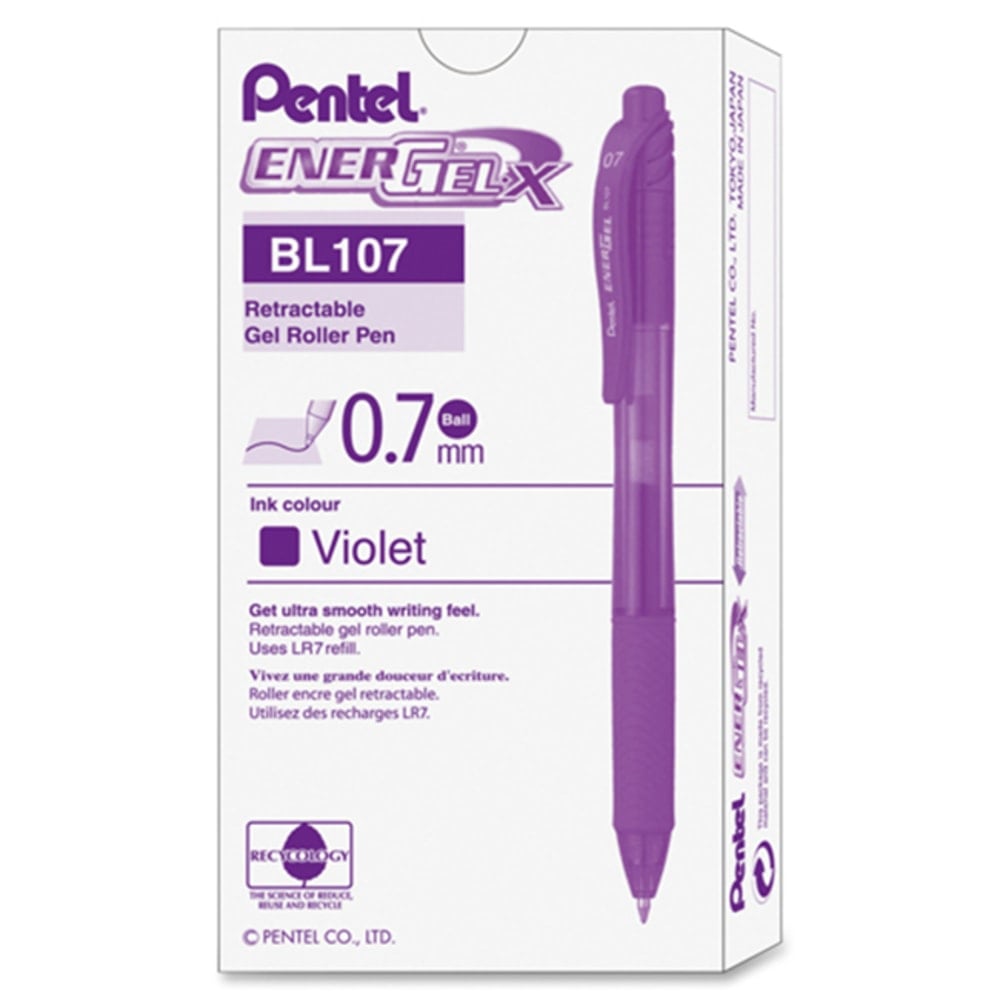 Pentel EnerGel-X Retractable Roller Gel Pens, Medium Point, 0.7 mm, 84% Recycled, Violet Barrel, Violet Ink, Pack Of 12 Pens (Min Order Qty 4) MPN:BL107V