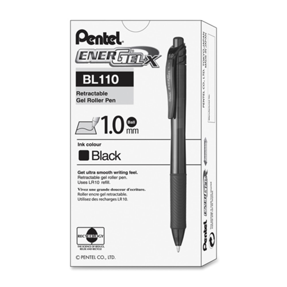 Pentel EnerGel-X Retractable Gel Pens, Bold Point, 1.0 mm, Black Barrel, Black Ink, Pack Of 12 Pens (Min Order Qty 4) MPN:BL110-A