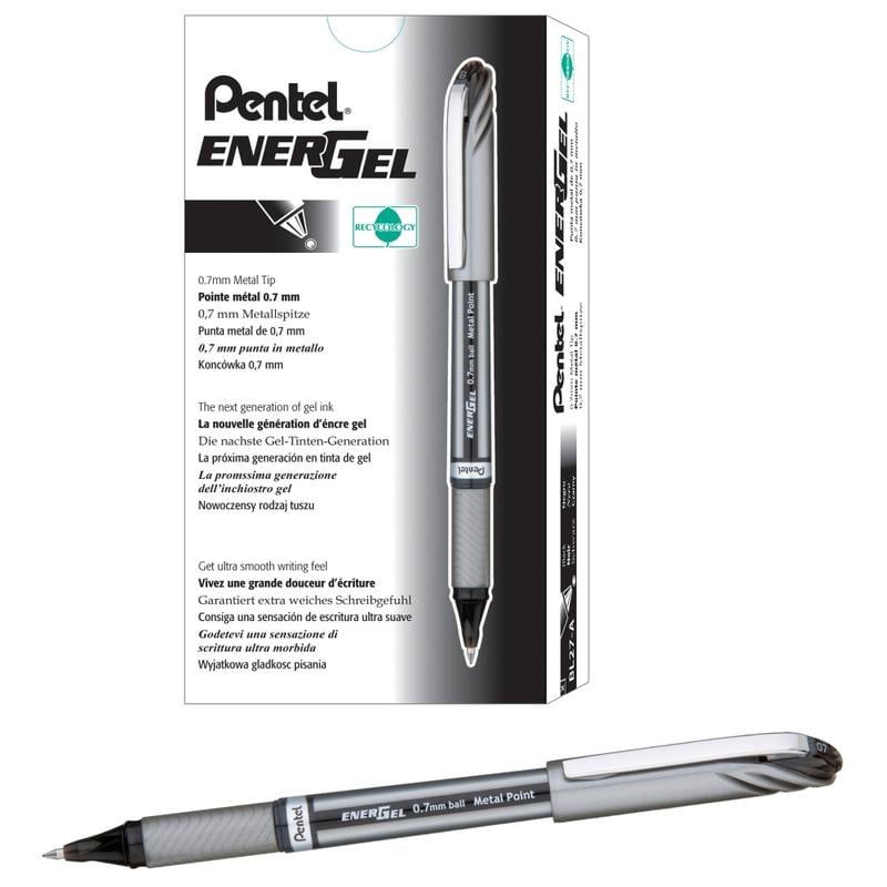 Pentel EnerGel NV Liquid Gel Pens, Medium Point, 0.7 mm, Black Ink, Pack Of 12 Pens (Min Order Qty 4) MPN:BL27-A