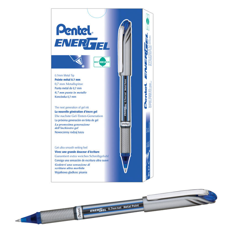 Pentel EnerGel NV Liquid Gel Pens, Medium Point, 0.7 mm, Blue Ink, Pack Of 12 Pens (Min Order Qty 4) MPN:BL27-C