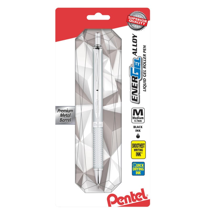 Pentel EnerGel Alloy RT Retractable Gel Ink Pen, Medium Point, Metallic Silver Barrel, Black Ink (Min Order Qty 9) MPN:BL407BP