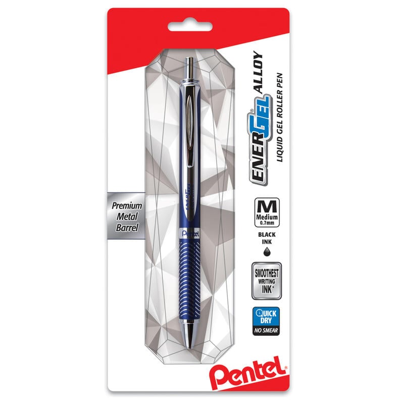 Pentel EnerGel Alloy Premium Liquid Gel Pen, Medium Point, 0.7 mm, Navy/Silver Barrel, Black Ink (Min Order Qty 12) MPN:BL407CBPA