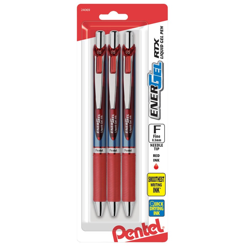 Pentel EnerGel RTX Retractable Liquid Gel Pens, Fine Point, 0.5mm, 54% Recycled, Assorted Barrel Colors, Red Ink, Pack Of 3 Pans (Min Order Qty 13) MPN:BL75BP3B