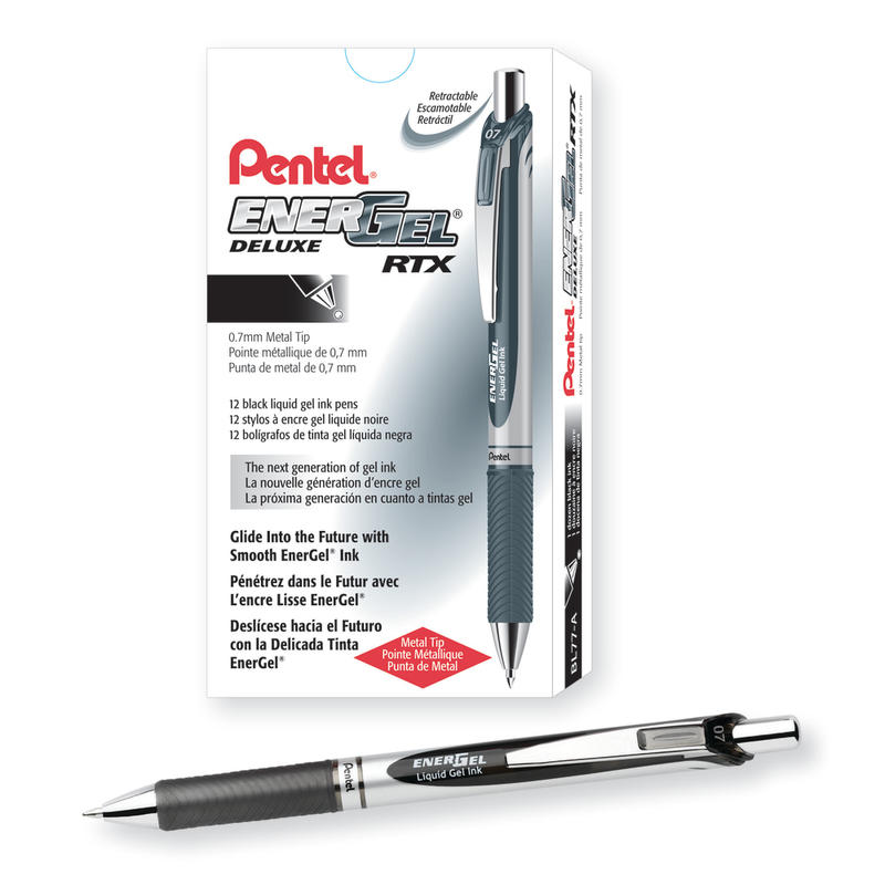 Pentel EnerGel Retractable Liquid Gel Pens, Medium Point, 0.7 mm, Silver Barrel, Black Ink, Pack Of 12 (Min Order Qty 3) MPN:BL77ADZ