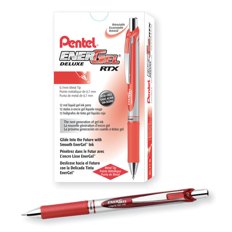 Pentel EnerGel Retractable Liquid Gel Pens, Medium Point, 0.7 mm, Silver Barrel, Red Ink, Pack Of 12 (Min Order Qty 3) MPN:BL77BDZ