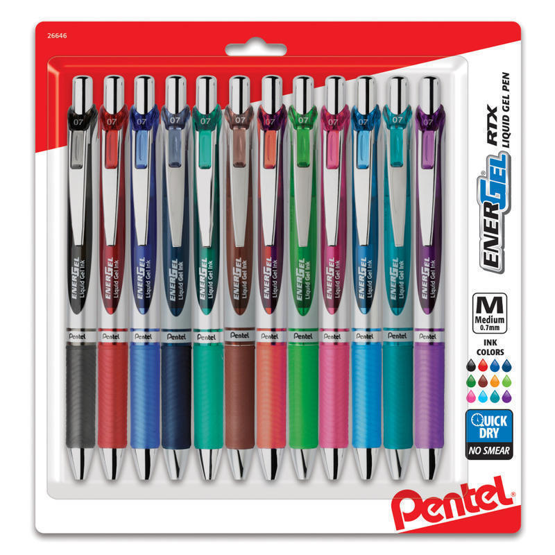 Pentel EnerGel RTX Retractable Liquid Gel Pens, Medium Point, 0.7 mm, Assorted Colors, Pack Of 12 Pens (Min Order Qty 3) MPN:BL77BP12M