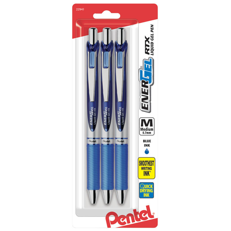 Pentel Energel Deluxe RTX Gel Pens, Medium Point, 0.7 mm, Assorted Barrels, Blue Ink, Pack Of 3 (Min Order Qty 13) MPN:BL77BP3C