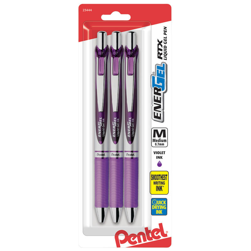 Pentel EnerGel Deluxe RTX Gel Pens, Medium Point, 0.7 mm, Assorted Barrels, Violet Ink, Pack Of 3 (Min Order Qty 9) MPN:BL77BP3V