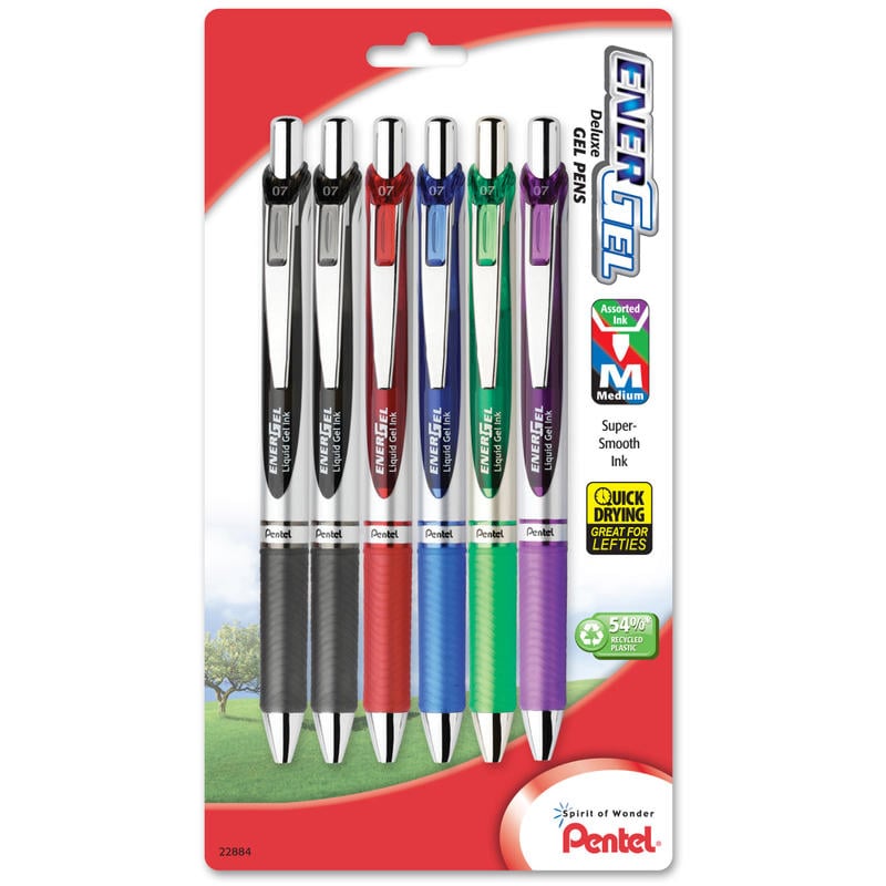 Pentel EnerGel RTX Retractable Liquid Gel Pens, Medium Point, 0.7 mm, 54% Recycled, Silver Barrel, Assorted Ink Colors, Pack Of 6 Pens (Min Order Qty 7) MPN:BL77BP6M