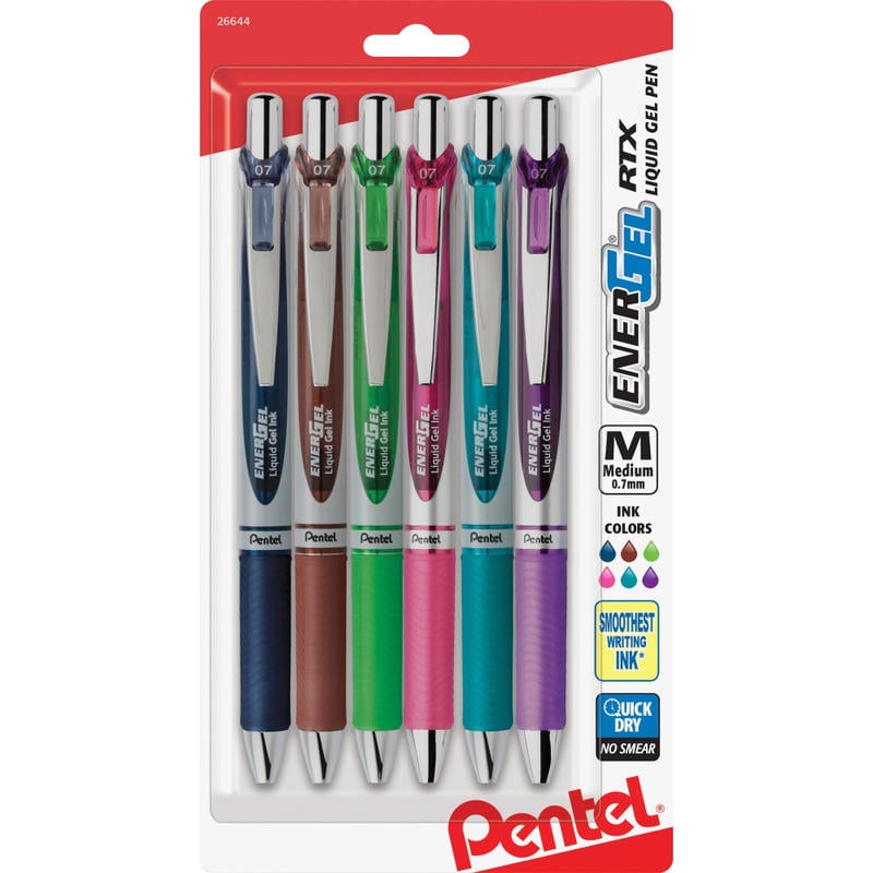 EnerGel Liquid Steel Tip Gel Pens, Pack Of 6, Medium Point, 0.7 mm, Assorted Colors (Min Order Qty 4) MPN:BL77BP6M1