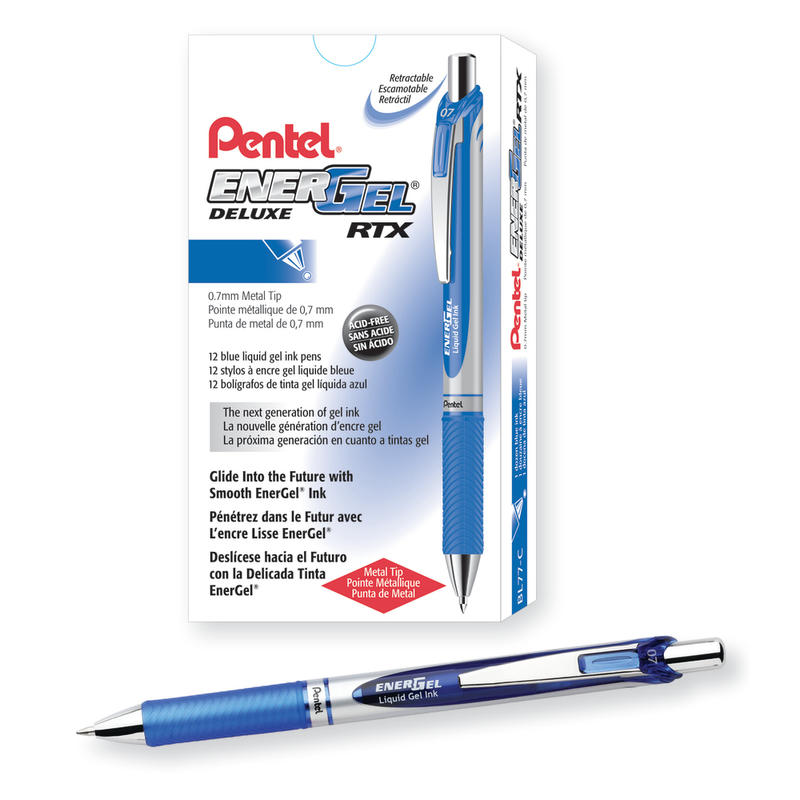 Pentel EnerGel Retractable Liquid Gel Pens, Medium Point, 0.7 mm, Silver Barrel, Blue Ink, Pack Of 12 (Min Order Qty 3) MPN:BL77CDZ