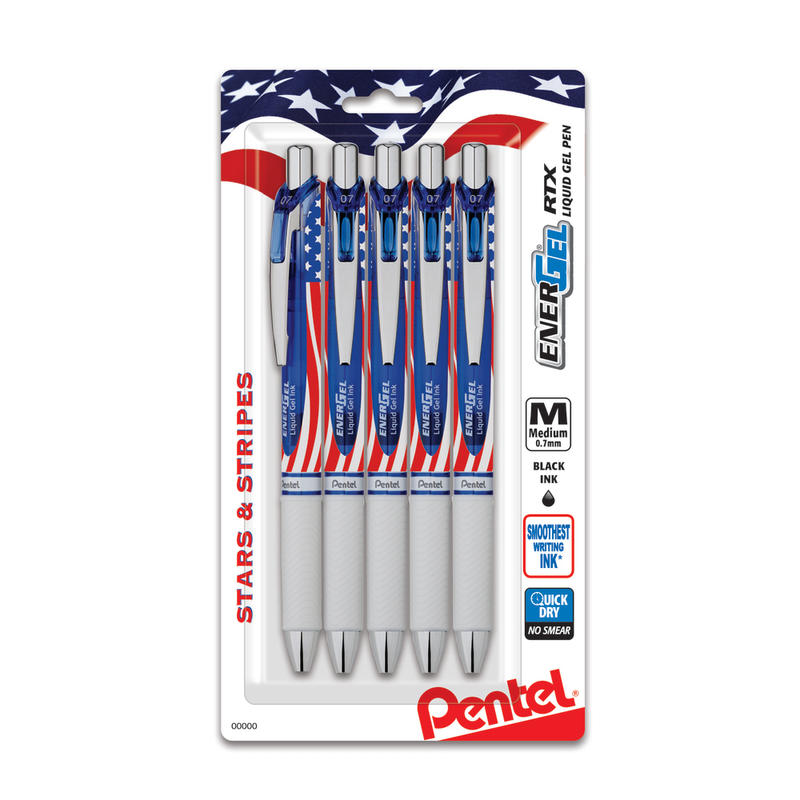 Pentel EnerGel Stars & Stripes Liquid Gel Pens, Pack Of 5, Medium Point, 0.7 mm, Red/White/Blue Barrel, Black Ink (Min Order Qty 4) MPN:BL77USABP5A