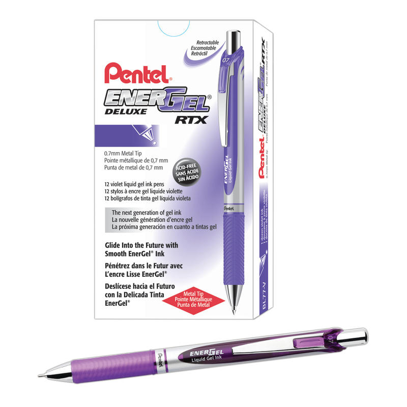 Pentel EnerGel Retractable Liquid Gel Pens, Medium Point, 0.7 mm, Silver Barrel, Violet Ink, Pack Of 12 (Min Order Qty 3) MPN:BL77VDZ