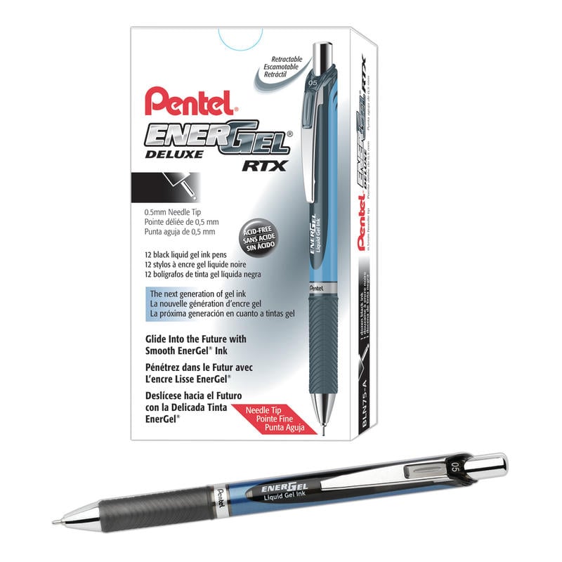 Pentel EnerGel Deluxe RTX Retractable Liquid Gel Pens, Fine Point, 0.5 mm, 54% Recycled, Blue Barrel, Black Ink, Pack Of 12 Pens (Min Order Qty 3) MPN:BLN75-A