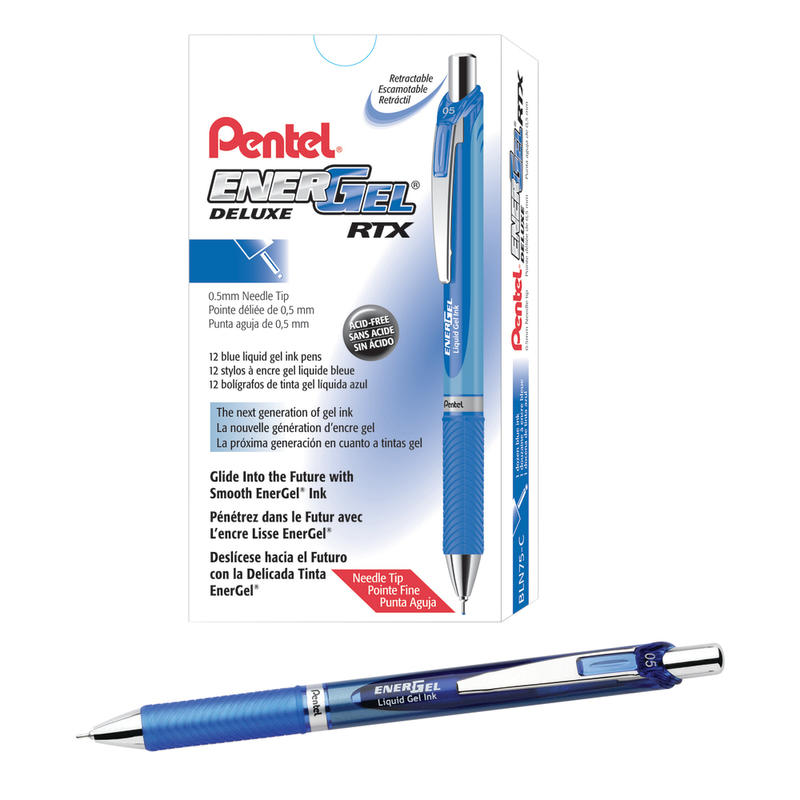 Pentel EnerGel RTX Retractable Liquid Gel Pens, Fine Point, 0.5 mm, 54% Recycled, Blue, Pack Of 12 Pens (Min Order Qty 3) MPN:BLN75-C