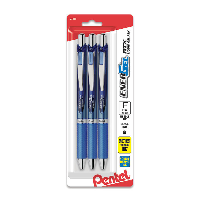 Pentel EnerGel Deluxe RTX Retractable Pens, Needle Point, 0.5 mm, Assorted Barrels, Blue Ink, Pack Of 3 (Min Order Qty 13) MPN:BLN75BP3C