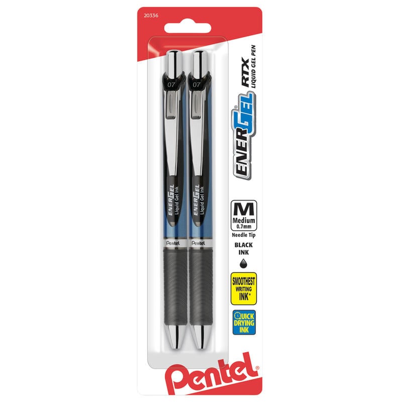 Pentel EnerGel NV LiquidGel Rollerball Pens, Needle Point, 0.7 mm, Assorted Barrels, Black Ink, Pack Of 2 (Min Order Qty 11) MPN:BLN77BP2A