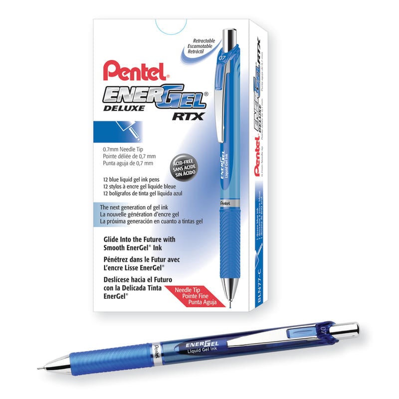 Pentel EnerGel Deluxe RTX Retractable Pens, Needle Point, 0.7 mm, Blue Barrel, Blue Ink, Pack Of 12 Pens (Min Order Qty 3) MPN:BLN77CDZ