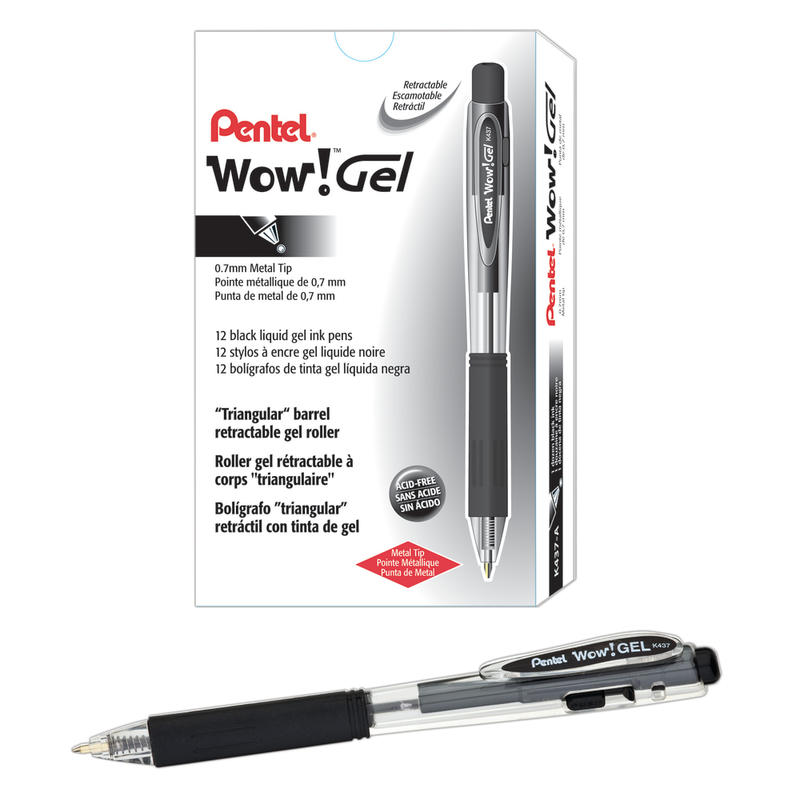 Pentel Wow! Retractable Gel Roller Pens, Medium Point, 0.7 mm, Clear Barrel, Black Ink, Pack Of 12 (Min Order Qty 8) MPN:K437-A