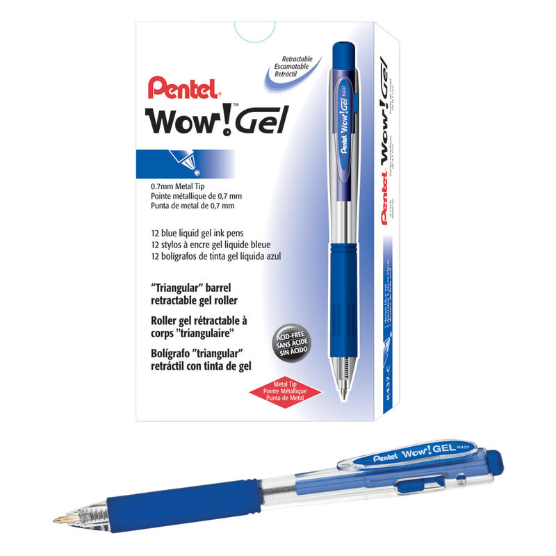 Pentel Wow! Retractable Gel Roller Pens, Medium Point, 0.7 mm, Clear Barrel, Blue Ink, Pack Of 12 (Min Order Qty 8) MPN:K437-C