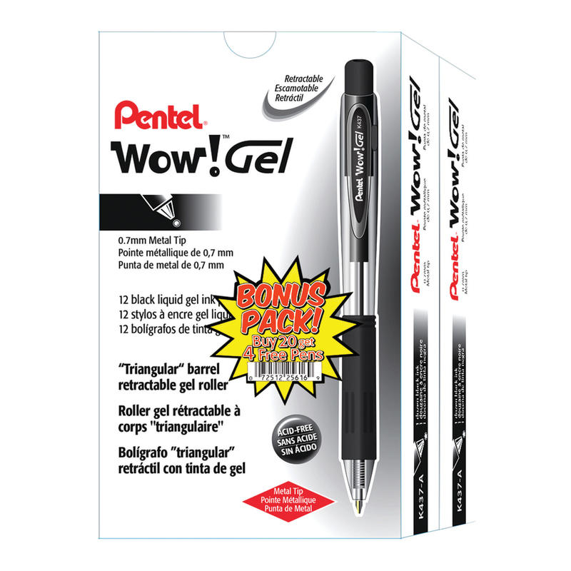 Wow! Retractable Gel Pens, Medium Point, 0.7 mm, Assorted Barrels, Black Ink, Pack Of 24 (Min Order Qty 4) MPN:K437ASW2