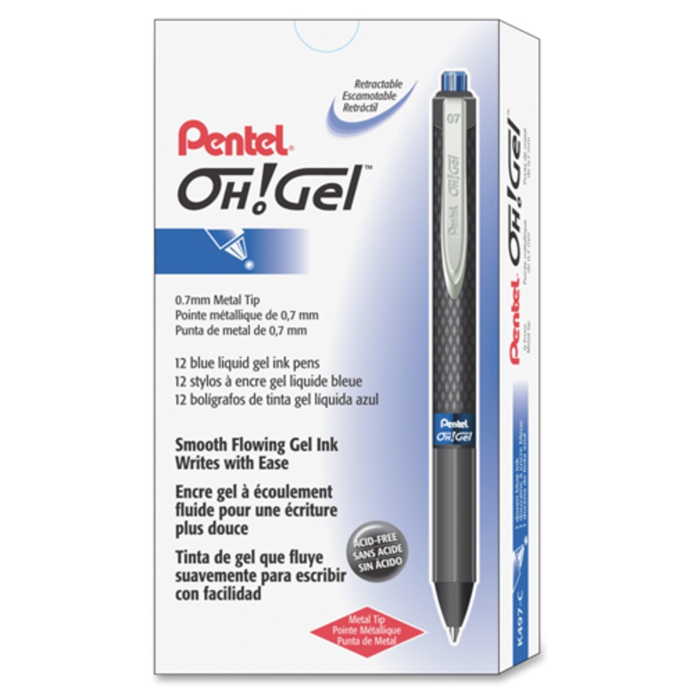 Pentel OH! Gel Pens, Medium Point, 0.7 mm, Carbon Fiber Barrel, Blue Ink, Pack Of 12 Pens (Min Order Qty 6) MPN:K497-C