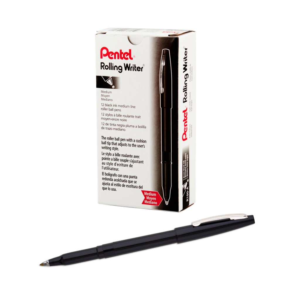 Pentel Rolling Writer Pens, Medium Point, 0.8 mm, Black Barrel, Black Ink, Pack Of 12 Pens (Min Order Qty 7) MPN:R100-A