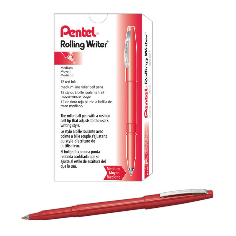 Pentel Rolling Writer Pens, Medium Point, 0.8 mm, Red Barrel, Red Ink, Pack Of 12 Pens (Min Order Qty 7) MPN:R100-B