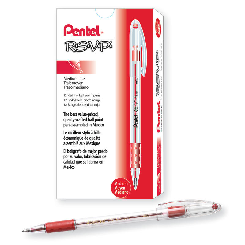 Pentel R.S.V.P. Ballpoint Pens, Medium Point, 1.0 mm, Clear Barrel, Red Ink, Pack Of 12 (Min Order Qty 10) MPN:BK91-B