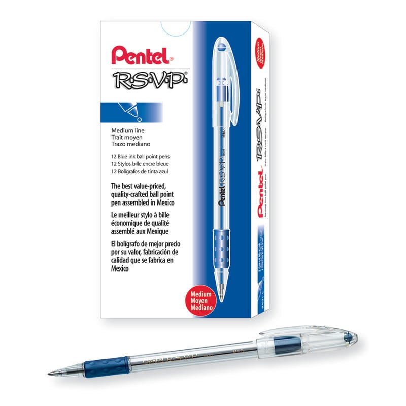 Pentel R.S.V.P. Ballpoint Pens, Medium Point, 1.0 mm, Clear Barrel, Blue Ink, Pack Of 12 (Min Order Qty 10) MPN:BK91-C