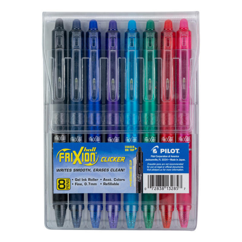 Pilot FriXion Ball Clicker Erasable Retractable Gel Pens, Pack of 8, Fine Point, 0.7 mm, Assorted Barrel Colors, Assorted Ink Colors (Min Order Qty 4) MPN:13285