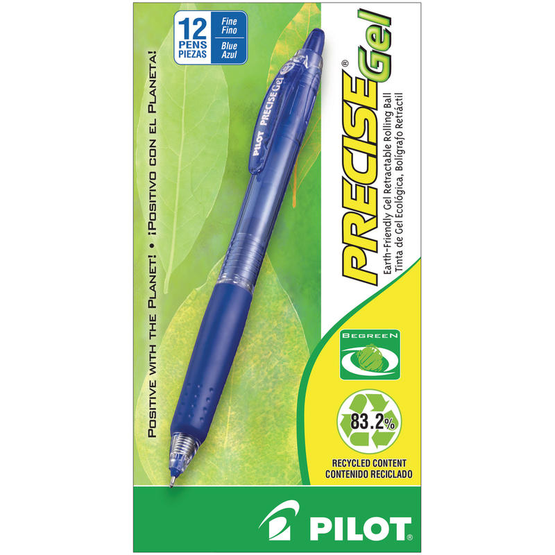 Pilot Precise BeGreen Gel Retractable Rollerball Pens, Fine Point, 0.7 mm, 83% Recycled, Blue Translucent Barrel, Blue Ink, Pack Of 12 (Min Order Qty 4) MPN:15002