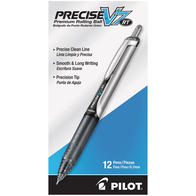 Pilot Precise V7 Liquid Ink Retractable Rollerball Pens, Fine Point, 0.7 mm, Black Barrels, Black Ink, Pack Of 12 Pens (Min Order Qty 4) MPN:206939DZ