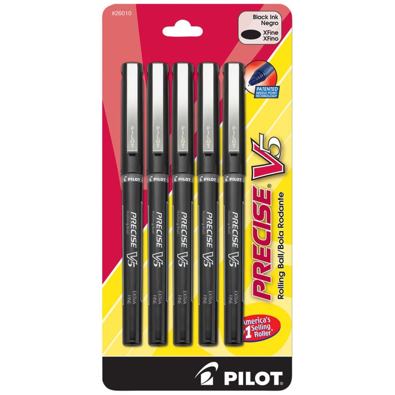 Pilot Precise V5 Liquid Ink Rollerball Pens, Extra Fine Point, 0.5 mm, Black Barrel, Black Ink, Pack Of 5 (Min Order Qty 8) MPN:26010