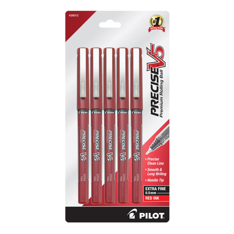 Pilot Precise V5 Liquid Ink Rollerball Pens, Extra Fine Point, 0.5 mm, Red Barrel, Red Ink, Pack Of 5 (Min Order Qty 9) MPN:26012