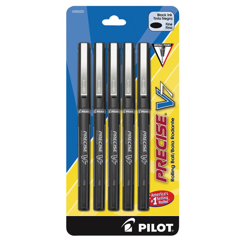 Pilot Precise V7 Liquid Ink Rollerball Pens, Fine Point, 0.7 mm, Black Barrel, Black Ink, Pack Of 5 (Min Order Qty 9) MPN:26020