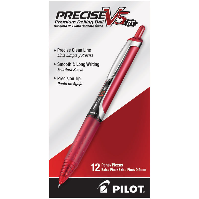 Pilot Precise V5 Liquid Ink Retractable Rollerball Pens, Extra Fine Point, 0.5 mm, Assorted Barrels, Red Ink, Pack Of 12 (Min Order Qty 3) MPN:26064-DZ