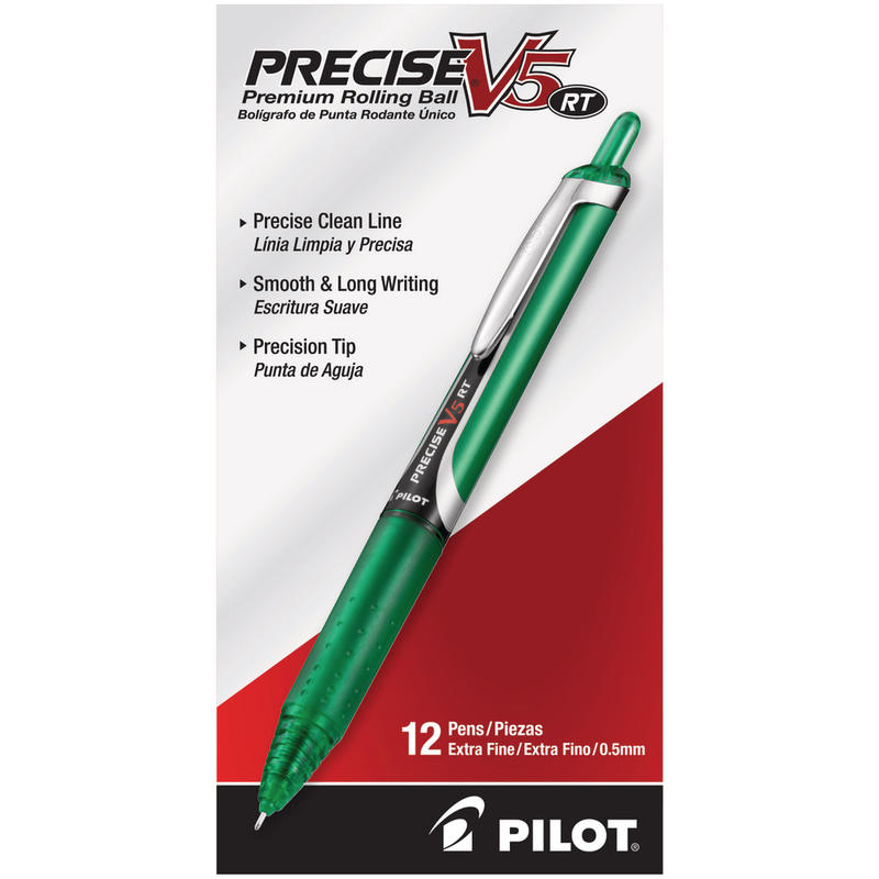 Pilot Precise V5 Liquid Ink Retractable Rollerball Pens, Extra Fine Point, 0.5 mm, Assorted Barrels, Green Ink, Pack Of 12 (Min Order Qty 3) MPN:26065