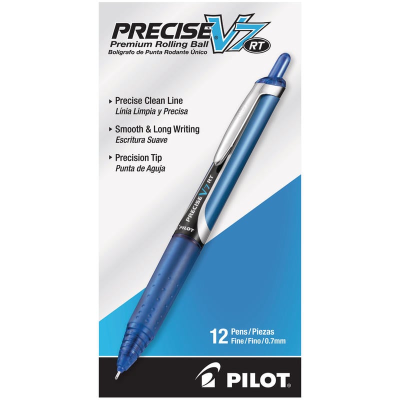 Pilot Precise V7 Liquid Ink Retractable Rollerball Pens, Fine Point, 0.7 mm, Assorted Barrels, Blue Ink, Pack Of 12 Pens (Min Order Qty 4) MPN:26068-DZ