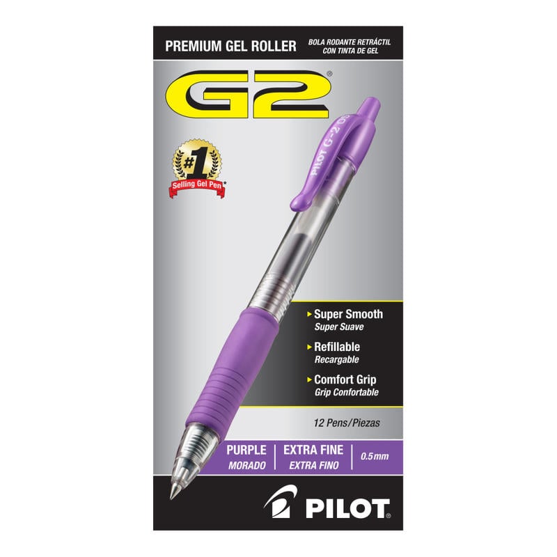 Pilot G2 Retractable Rollerball Pens, Extra Fine Point, 0.5 mm, Clear Barrel, Purple Ink, Pack Of 12 Pens (Min Order Qty 3) MPN:31006