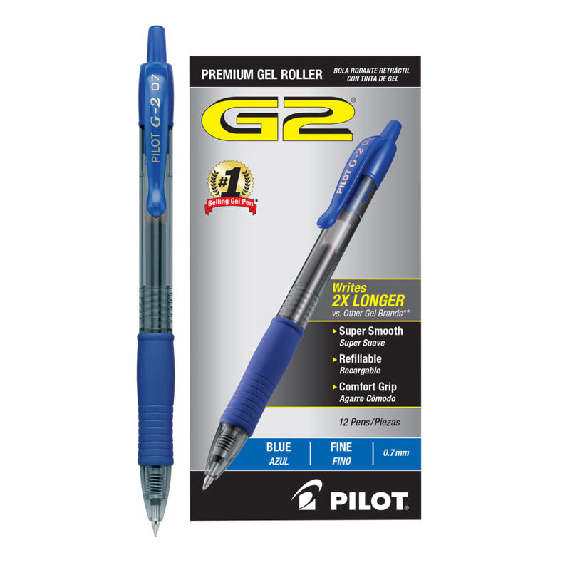 Pilot G2 Retractable Gel Pens, Fine Point, 0.7 mm, Clear Barrels, Blue Ink, Pack Of 12 Pens (Min Order Qty 4) MPN:31021