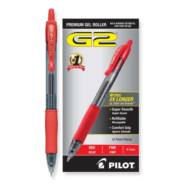 Pilot G2 Retractable Gel Pens, Fine Point, 0.7 mm, Clear Barrels, Red Ink, Pack Of 12 Pens (Min Order Qty 4) MPN:31022