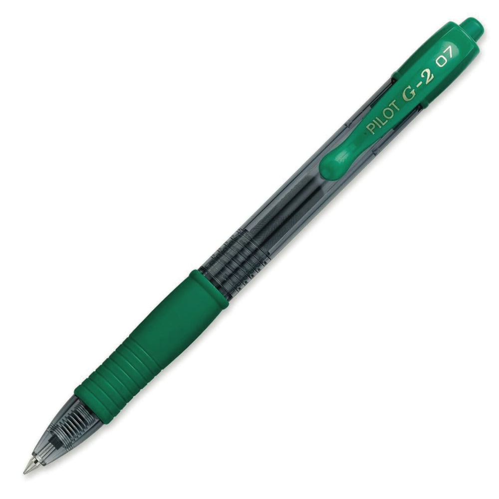 Pilot G2 Retractable Gel Pens, Fine Point, 0.7 mm, Clear Barrels, Green Ink, Pack Of 12 Pens (Min Order Qty 4) MPN:31025