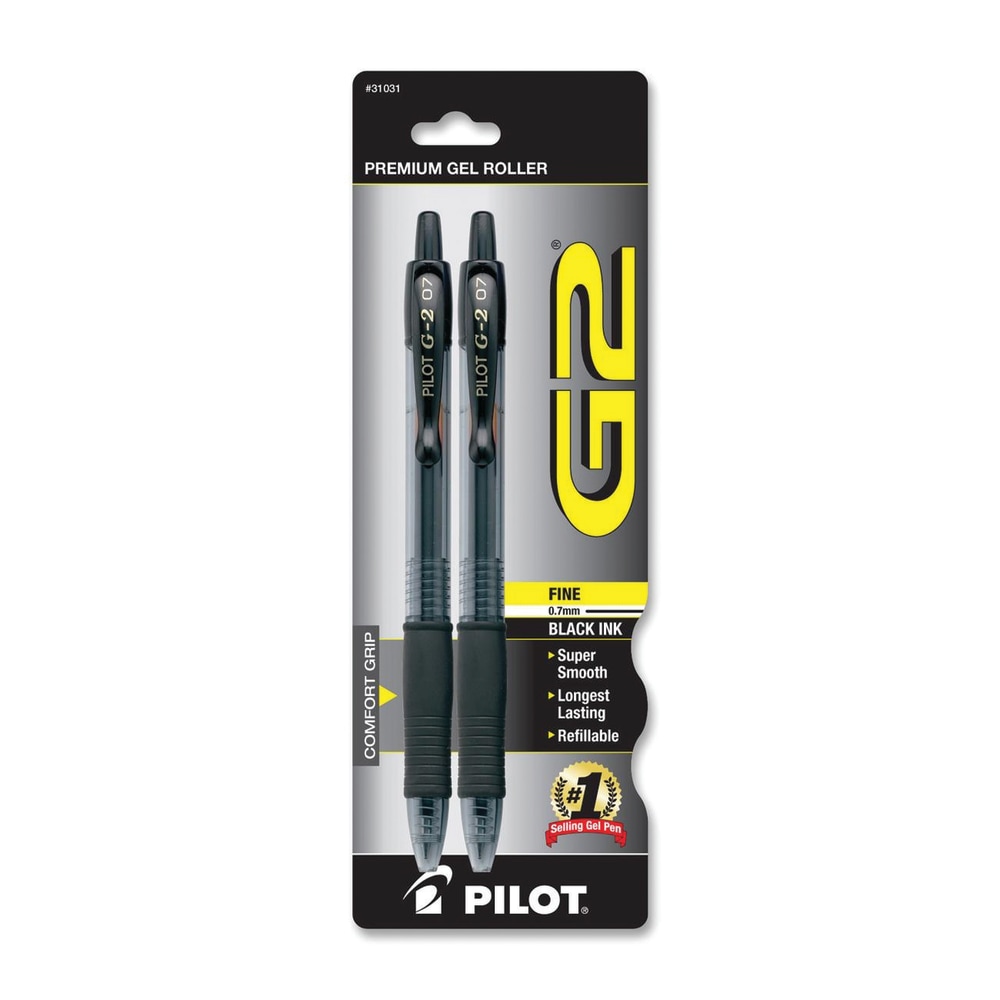 Pilot G2 Retractable Gel Pens, Fine Point, 0.7 mm, Translucent Barrel, Black Ink, Pack Of 2 Pens (Min Order Qty 15) MPN:31031