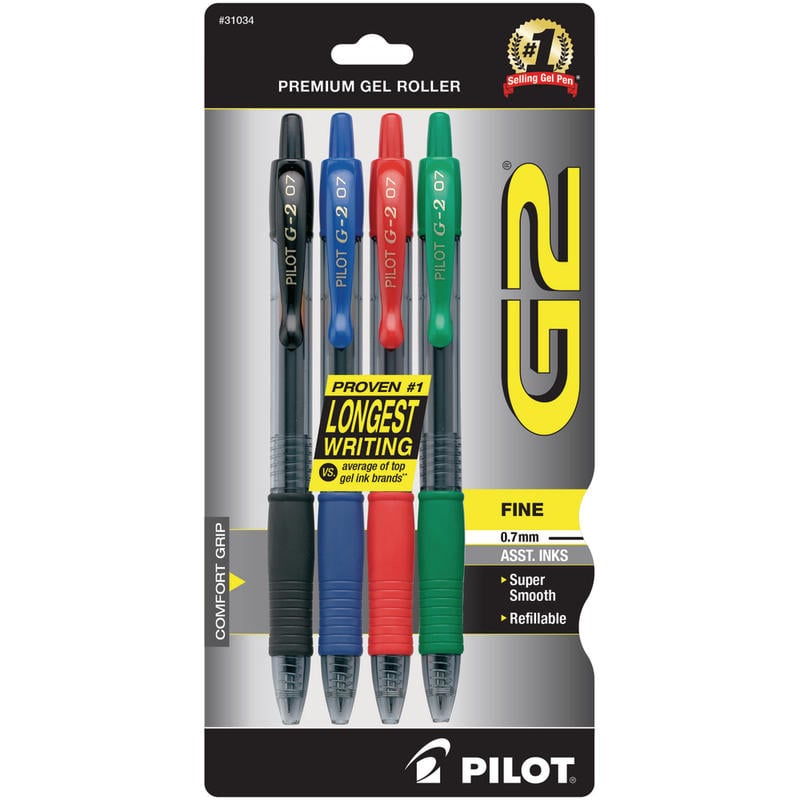 Pilot G2 Retractable Gel Pens, Fine Point, 0.7 mm, Assorted Barrels, Assorted Ink Colors, Pack Of 4 (Min Order Qty 11) MPN:31034